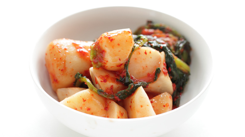 Bowl of cubed ponytail kimchi