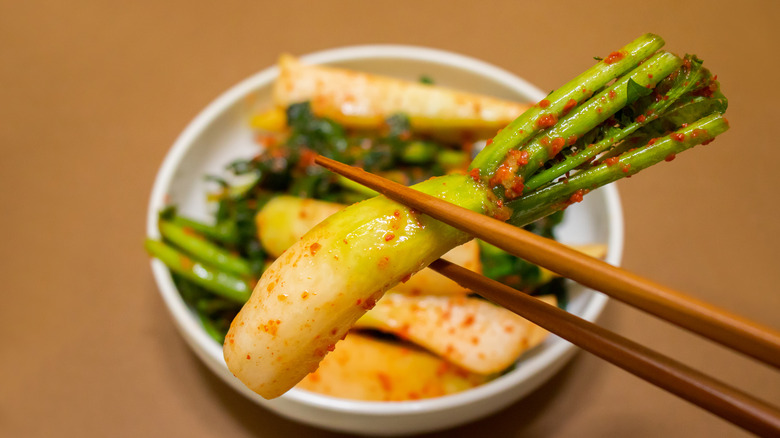 Ponytail kimchi held with chopsticks