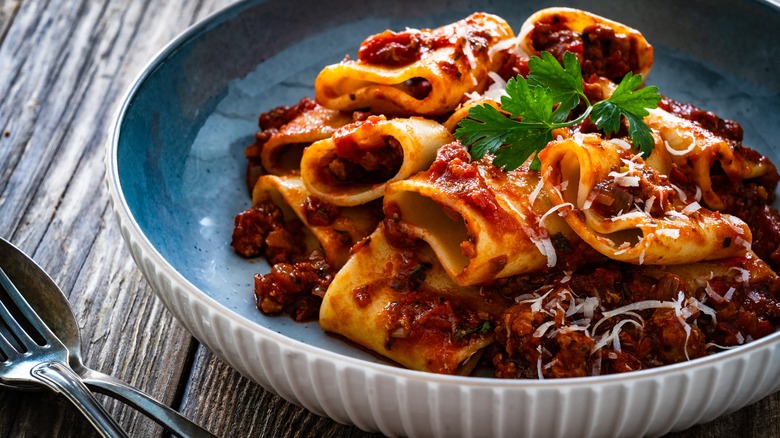 bowl of pasta and bolognese sauce