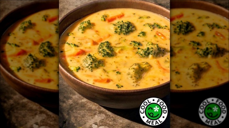 brocoli cheddar soup with a cool meal label