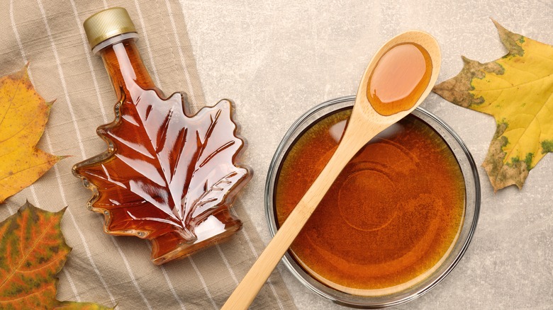 Maple syrup bottle and bowl