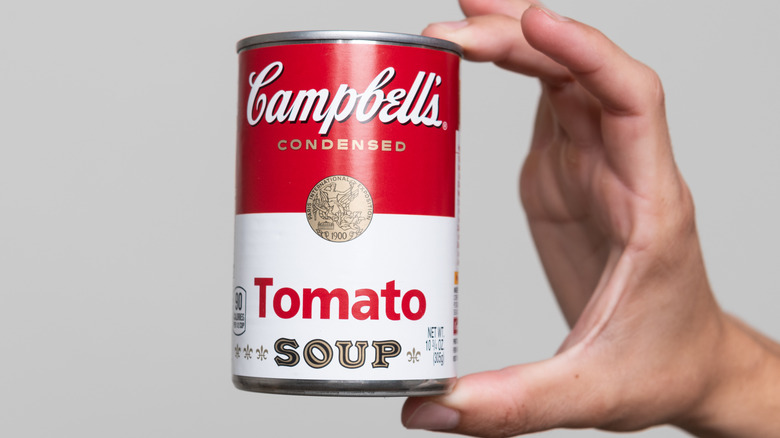 Hand holding Campbell's tomato soup