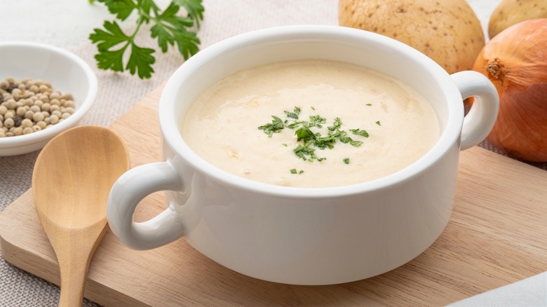 Cream of potato soup in bowl