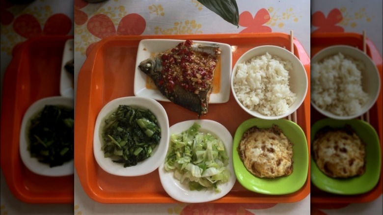 Chinese school lunch on tray