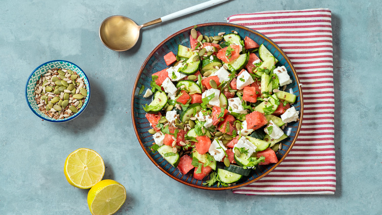 watermelon salad on counter