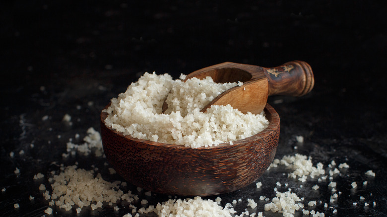 Sal gris in a wooden bowl with scoop