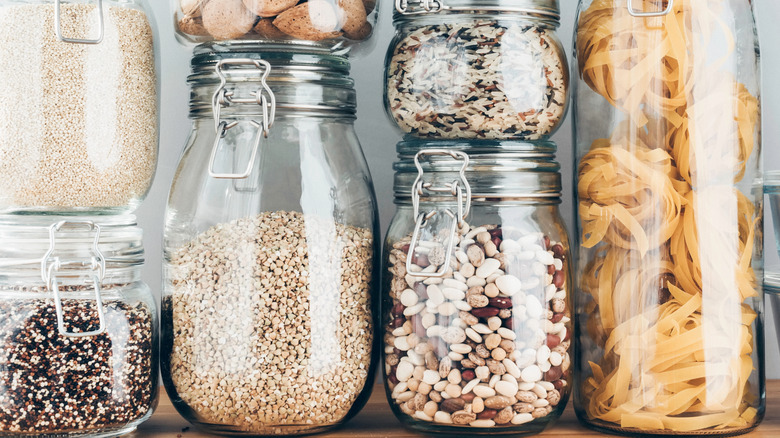Grains and beans in glass containers
