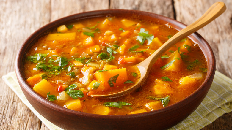 Bowl of soup with spoon