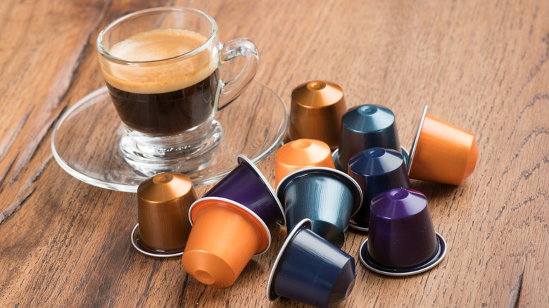 Cup of espresso with coffee pods