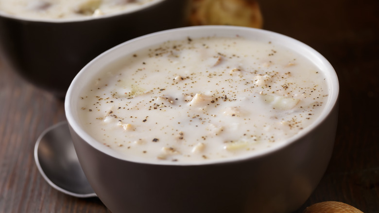 New England clam chowder on a table