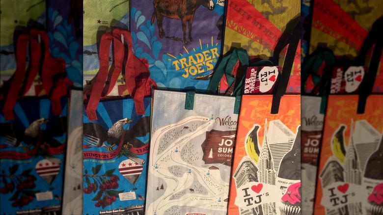 Close-up of several Trader Joe's reusable bags