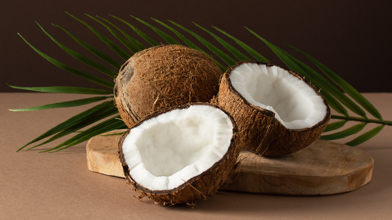 Coconuts on wood board with greenery