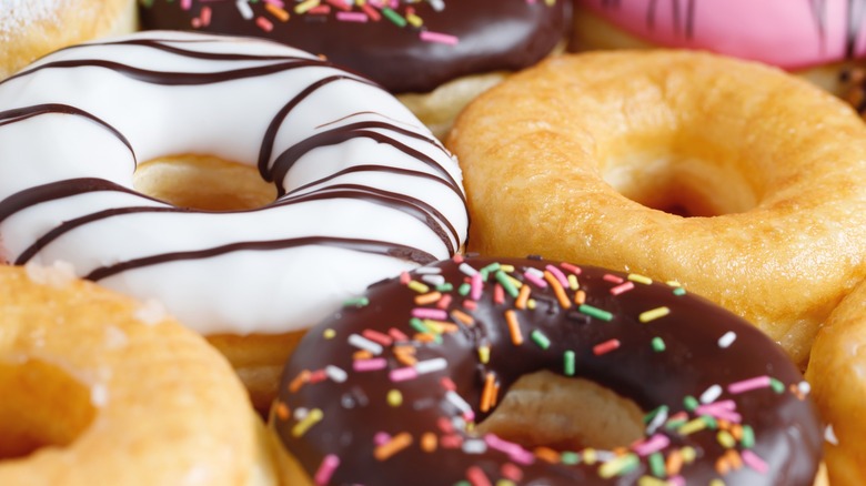 Close-up of several classic donuts