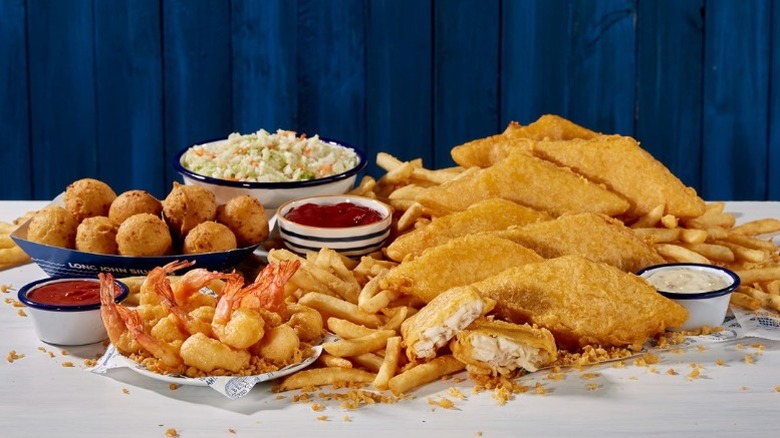 fried fish, shrimp, french fries, cole slaw, and hush puppies from Long John Silver's