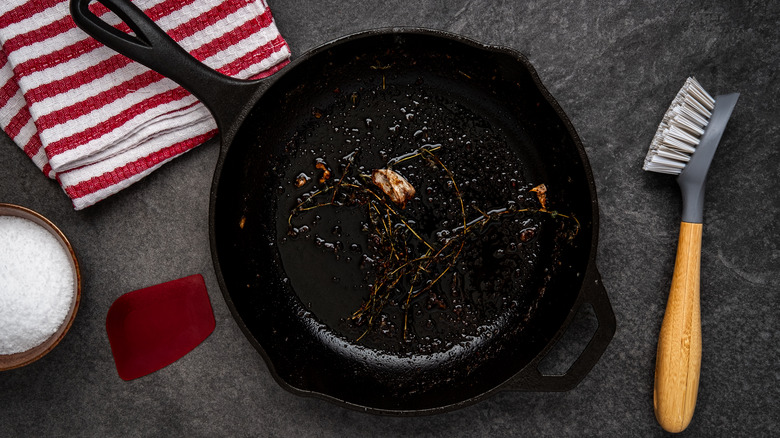 Cast iron pan and dish scrubber