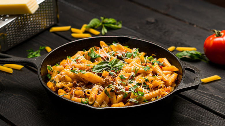 Cast iron pan holding a penne pasta dish