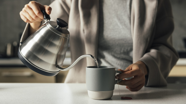 Home cook pouring water from a stainless steel gooseneck kettle