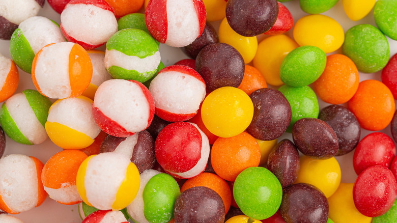 Freeze-dried skittles in a pile