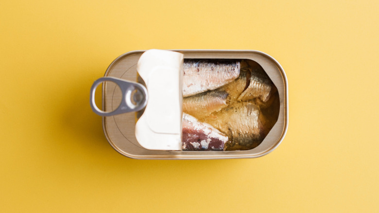 Can of tinned sardines on a yellow backdrop