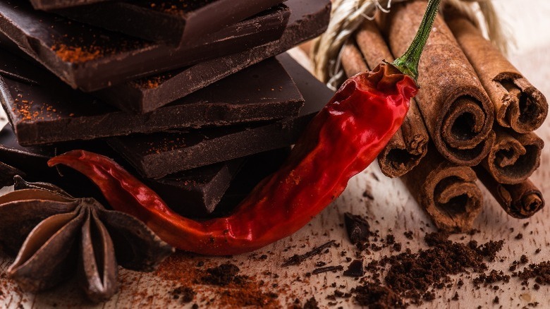 Close-up of chocolate, red chile pepper, cinnamon sticks, and spice powder