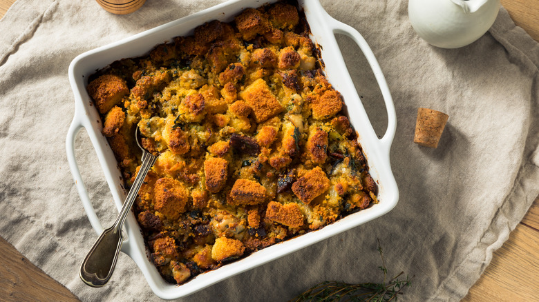 Pan of homemade cornbread dressing