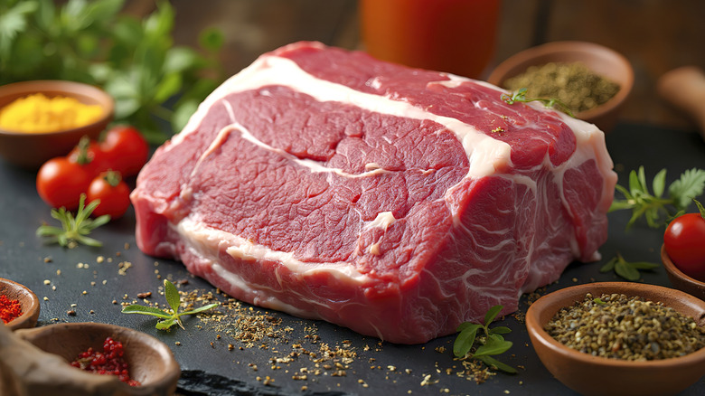 raw pork shoulder alongside a bowl of seasoning and cherry tomatoes