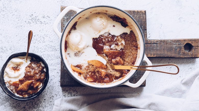 baked cobbler with ice cream