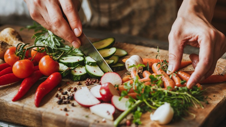 Mix of chopped vegetables on cutting board