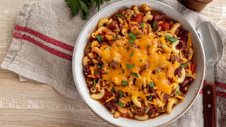 chili mac served in bowl