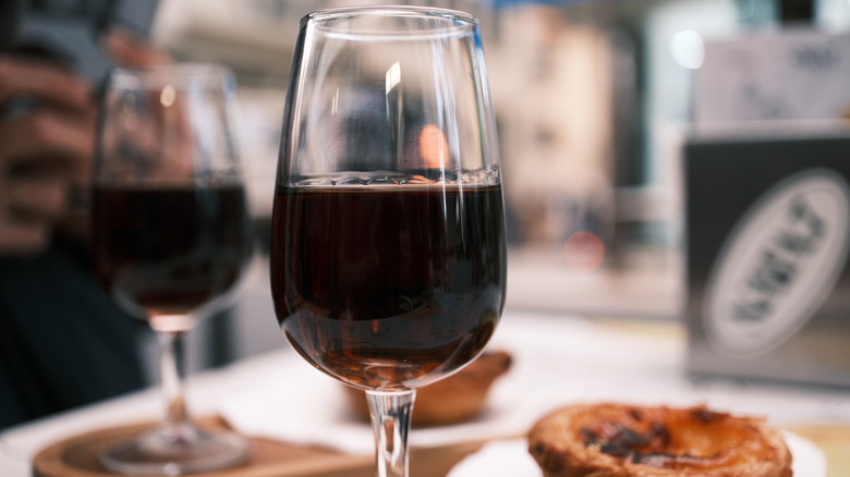 Close-up of a glass of red fortified wine