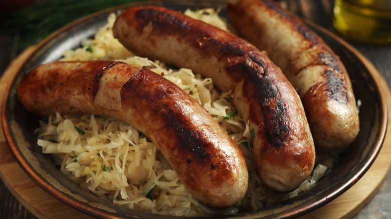 Bowl of bratwurst and sauerkraut