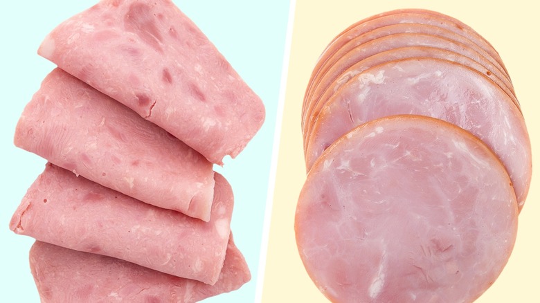 Slices of ham beside slices of Canadian bacon