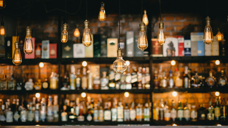 Back bar illuminated by hanging Edison bulbs