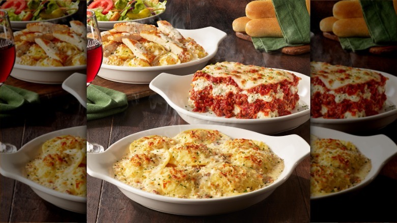 bowls of different Olive Garden pasta