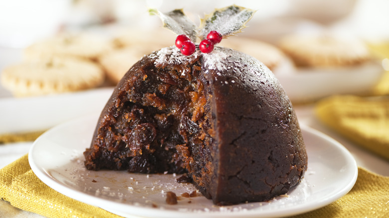 Christmas pudding on white plate