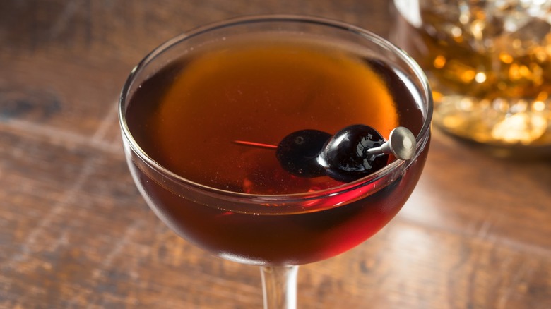 Close-up of a Manhattan cocktail with brandied cherries