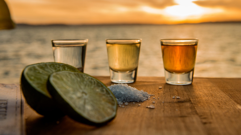 Three tequilas with lime and salt