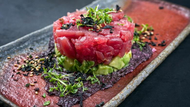 Tuna tartare plated with avocado