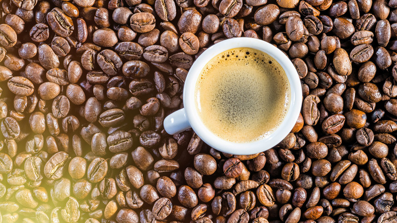 cup of coffee among coffee beans