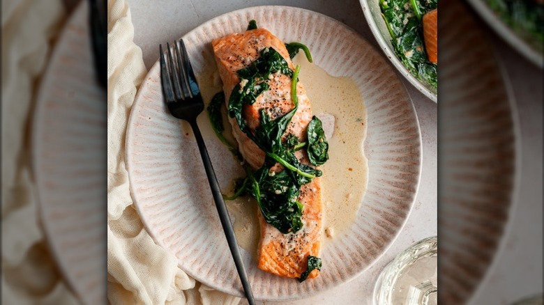 Salmon florentine on plate