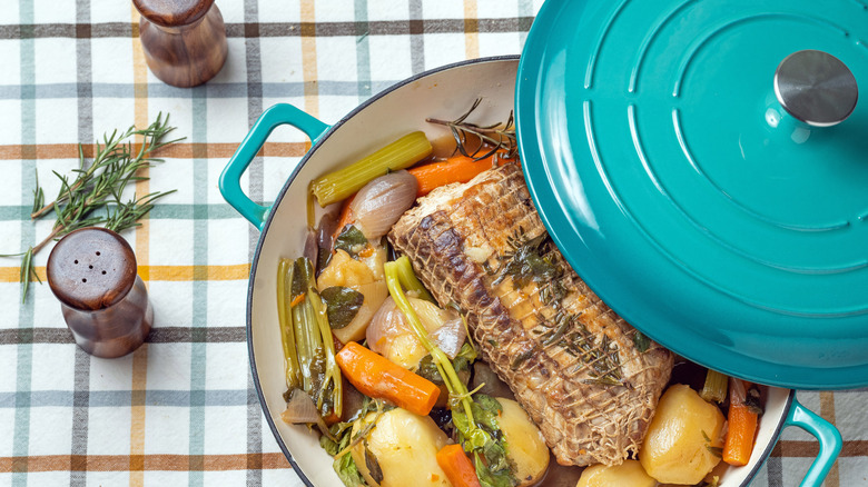 Homecooked meal in a blue Dutch oven