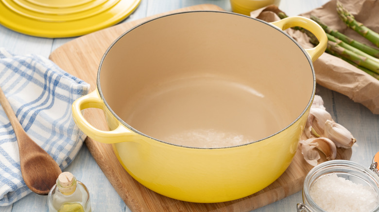 Yellow dutch oven on a kitchen countertop