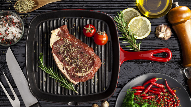 steak on grilling pan