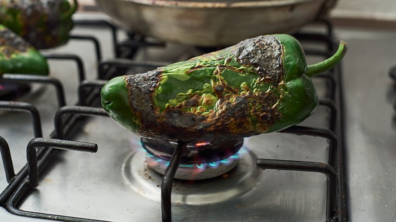 poblano charring over an gas stove flame