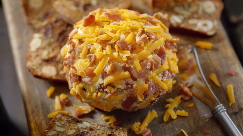 Close up of a cheddar cheese ball