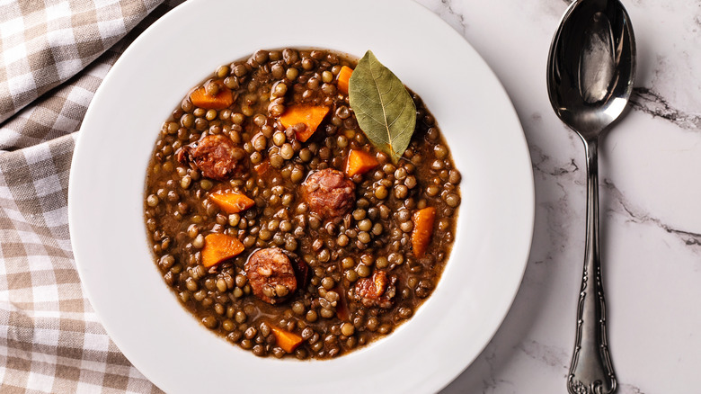 Bowl of lentil soup with carrots