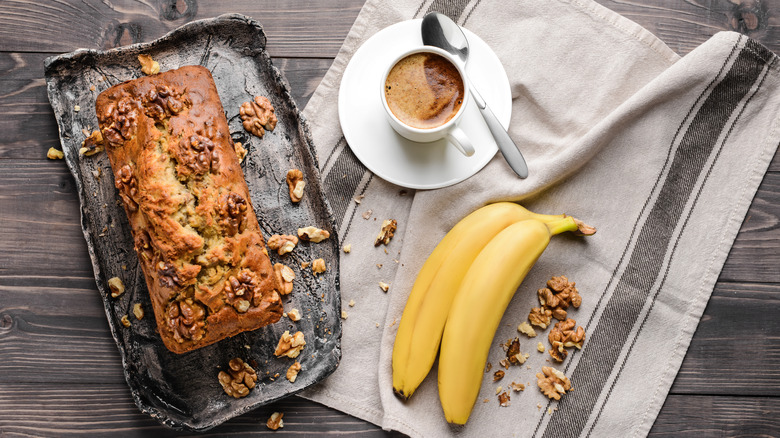 Banana walnut bread, espresso, bananas 