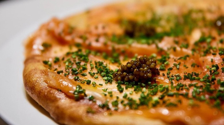 Spago salmon caviar pizza