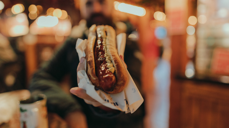 Person holding a hot dog