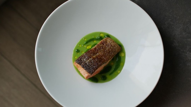 piece of trout with green sauce on white plate